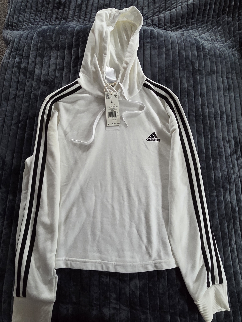 $10 adidas White Hooded Sweatshirt with Black Three-Stripe Sleeves
